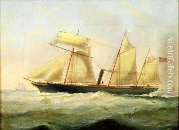 Marinha Com Barco A Vapor E A Vela, Com Bandeira Da Marinha Mercante Inglesa Oil Painting - Alfredo D' Andrade