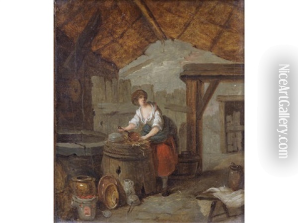 A Kitchen Interior With A Young Woman Cleaning Copper Pans (+ And A Kitchen Interior With A Young Woman Holding A Basket; Pair) Oil Painting - Marc Antoine Bilcoq