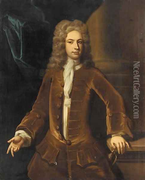 Portrait of a gentleman, three-quarter-length, in a brown coat, his left hand resting on a plinth, before a column Oil Painting - Charles Jervas