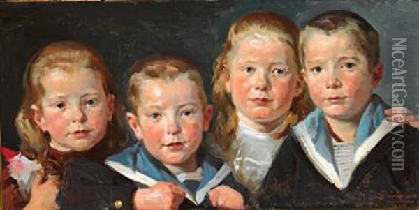 Group Portrait Of The Artist's Four Children Jorgen, Henriette, Mogens And Ingeborg With A Gnome In Her Hand Oil Painting - Erik Ludwig Henningsen