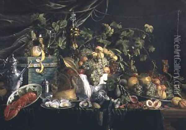 Still-life with fruit a pheasant pie and a lobster Oil Painting - Wouter Mertens