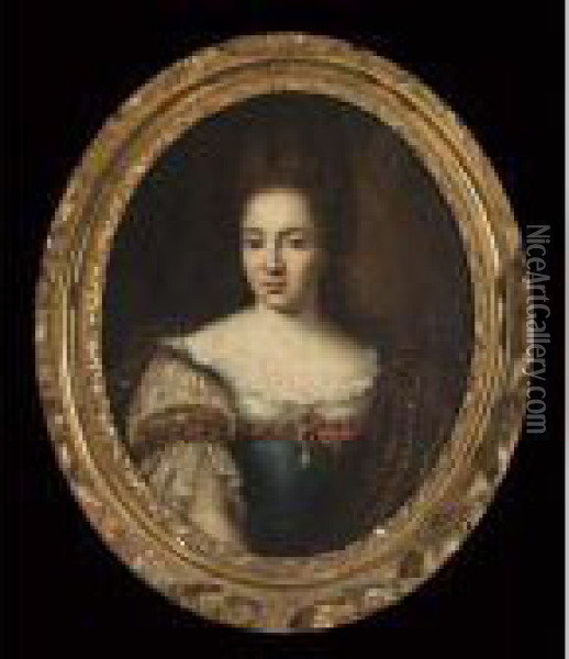 A Portrait Of Maria Catharina 
Von Loe, Prioress Of Neutz, Bust Length, Wearing A Blue Dress With A 
White Lace Collar And Lace Sleeves Oil Painting - Caspar Netscher