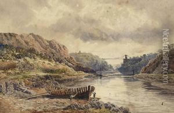 Figures Mending A Boat Before Clifton Suspension Bridge Oil Painting - Henry Edward Stacey