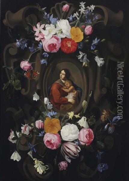 A Stone Cartouche With Mary And Child Surrounded By Floral Garlands And Butterflies Oil Painting - Jan Philip van Thielen