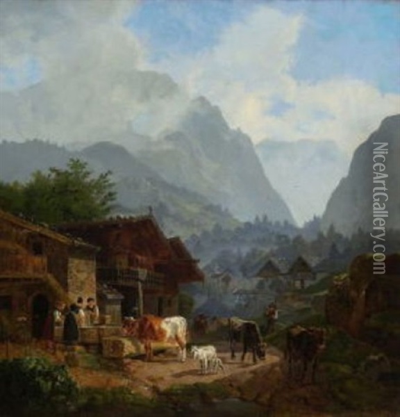 Oberbayerisches Gebirgsdorf Oil Painting - Heinrich Buerkel