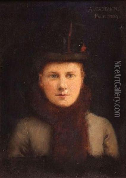 Head And Shoulders Portrait Of A Young Womanwearing A Grey Coat Oil Painting - Jean Andre Castaigne