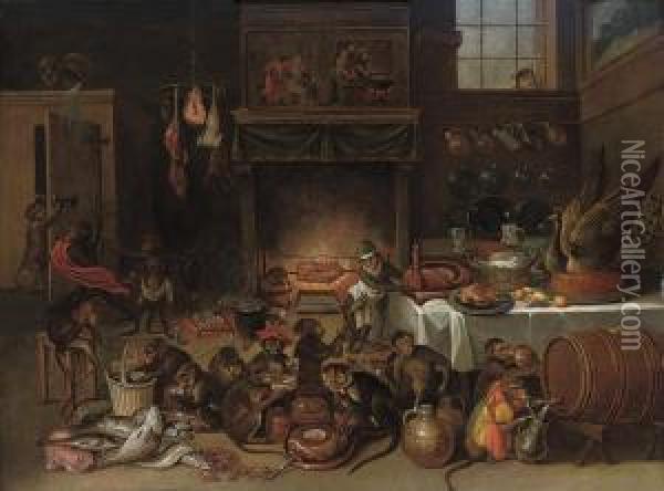 A Singerie In A Kitchen Oil Painting - Ferdinand van Kessel
