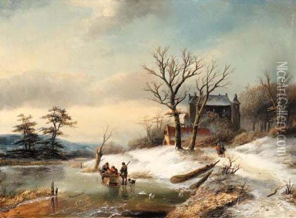 Figures In A Wintry Landscape Oil Painting - Jan Jacob Coenraad Spohler