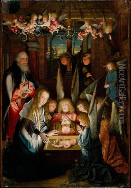 The Adoration of the Christ Child Oil Painting - Follower of Jan Joest of Kalkar