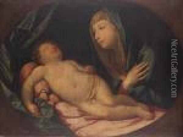 The Madonna And The Sleeping Christ Child, In A Painted Oval Oil Painting - Guido Reni