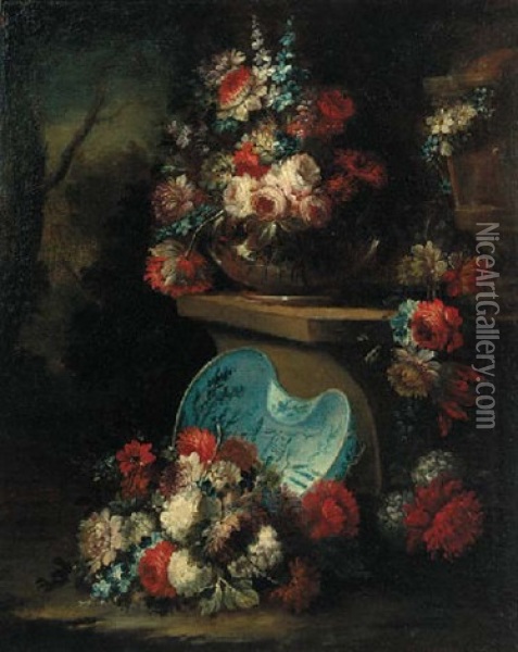 Roses, Carnations And Narcissi In A Glass Bowl On A Stone Ledge, A Porcelain Dish, Roses, Carnations And Narcissi Beneath Oil Painting - Gasparo Lopez