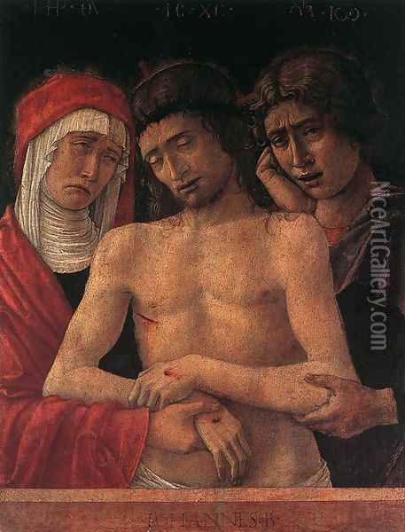 Dead Christ Supported by the Madonna and St John (Pietà) 1455 Oil Painting - Giovanni Bellini