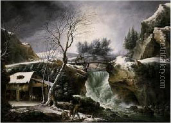 A Winter Landscape With A Waterfall And Peasants Chopping Wood Oil Painting - Francesco Foschi