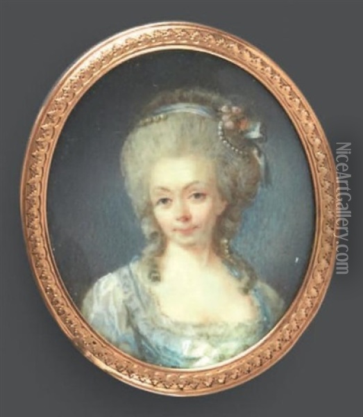 Portrait De Madame De Tourville, Dame D'honneur De La Reine Marie-antoinette, En Robe De Soie Blanche A Corset Bleu Oil Painting - Pierre Adolphe Hall