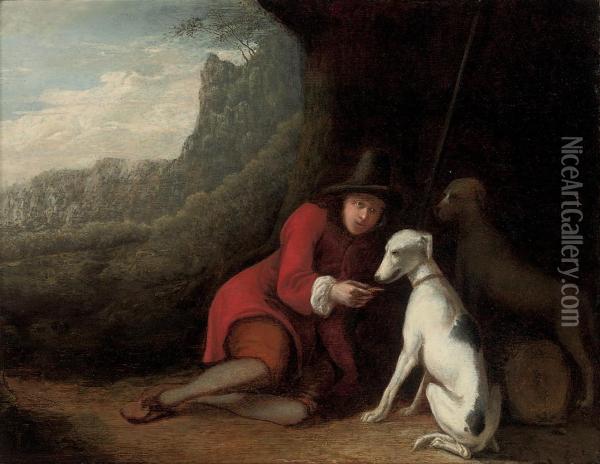 A Wooded Landscape With A Traveller At Rest With His Dogs Oil Painting - Ludolf de Jongh
