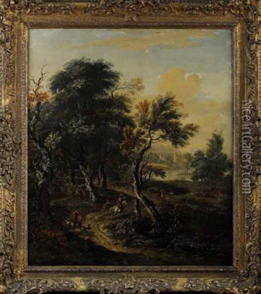 A Wooded Landscape With Hunters Oil Painting - Justus van Huysum the Elder