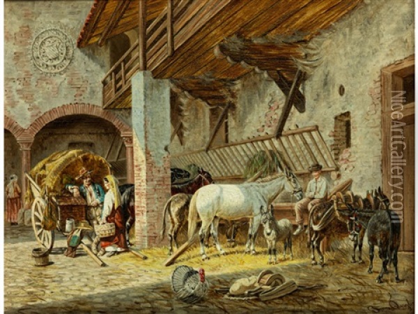 Ansicht Eines Italienischen Gehofts Mit Stallungen, Personen, Pferd Und Eseln Oil Painting - Franz Quaglio