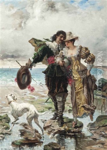 Romance On The Sea Shore Oil Painting - Edmond Louis Dupain