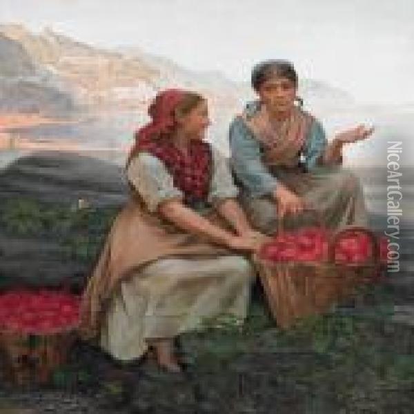 Two Girls Sellingfruit By The Amalfi Coast Oil Painting - Kristian Zahrtmann