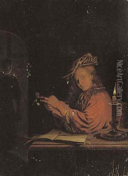 A man stringing a fiddle at a desk, a woman at an archway behind Oil Painting - Frans van Mieris