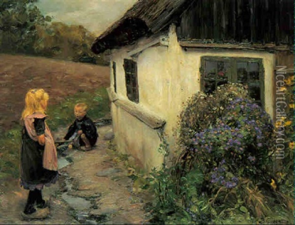 Lille Pige Og Dreng Der Leger Ud For Et Bondehus Oil Painting - Hans Andersen Brendekilde