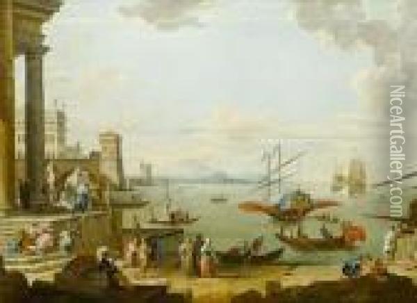 A Mediterranean Port With Elegant Figures On The Quayside Oil Painting - Jean-Baptiste Lallemand