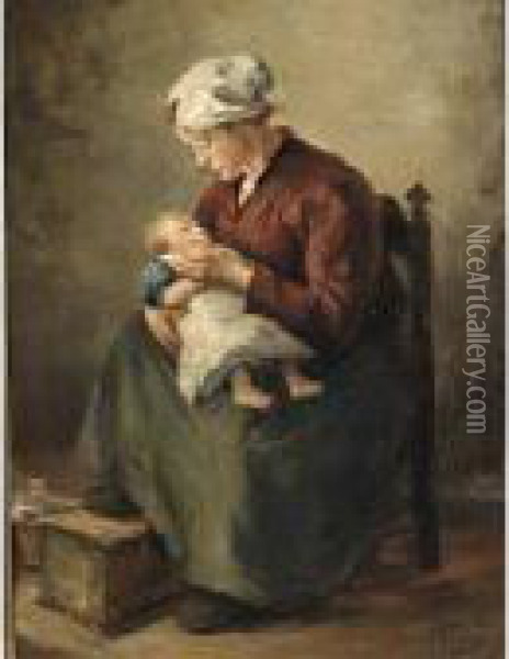 Mother And Child In A Cottage Interior Oil Painting - Lammert Van Der Tonge
