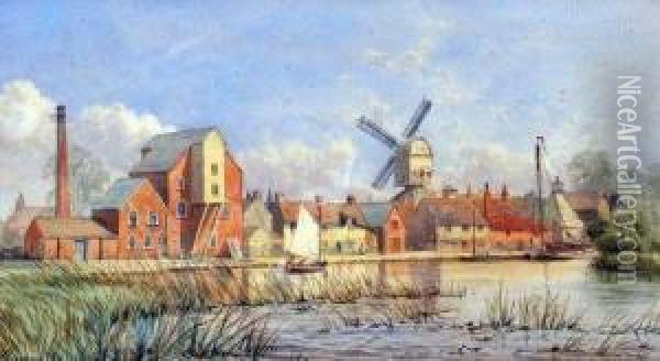 River Scene With Buildings Oil Painting - Charles Harmony Harrison