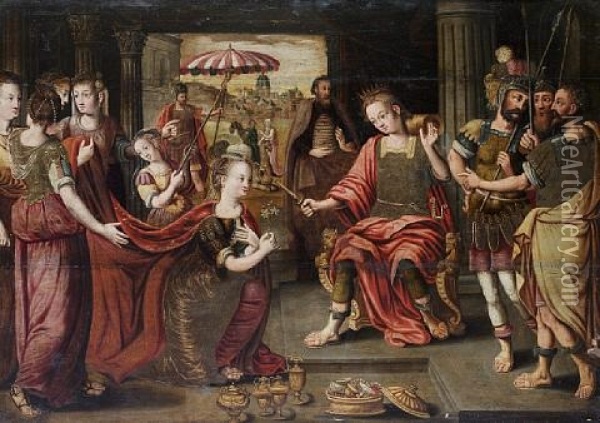 Solomon And The Queen Of Sheba Oil Painting - Pieter Claeissins the Younger
