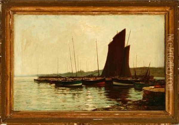 A Harbour Scene With Several Fishing Dinghies On A Calm Afternoon Oil Painting - James Campbell Noble