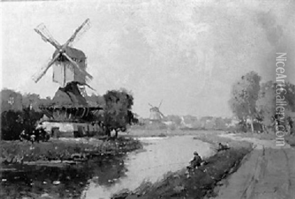 Windmills Along A Meandering River With Anglers Oil Painting - Gerard Delfgaauw