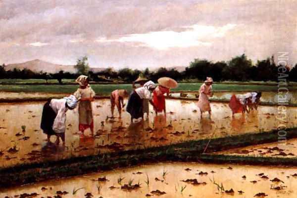 Women working in a rice field Oil Painting - Fabian De La Rosa