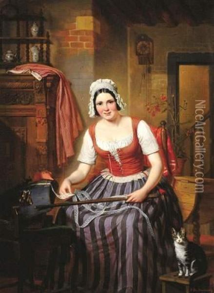 Het Kantwerk (1846) Oil Painting - Auguste Joseph Marie De Mersseman