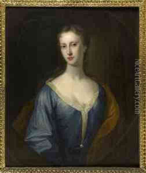 Half Length Portrait Of A Young Woman In A Blue Dress Oil Painting - William Aikman