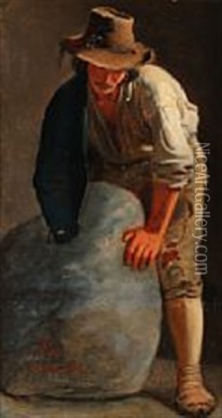 A Roman Man Standing By A Rock Oil Painting - Julius Friedlaender