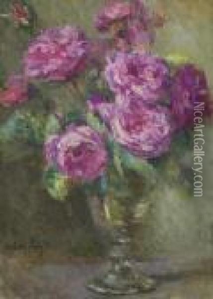 Bouquet De Roses Dans Un Verre A Pied Oil Painting - Albert Lebourg