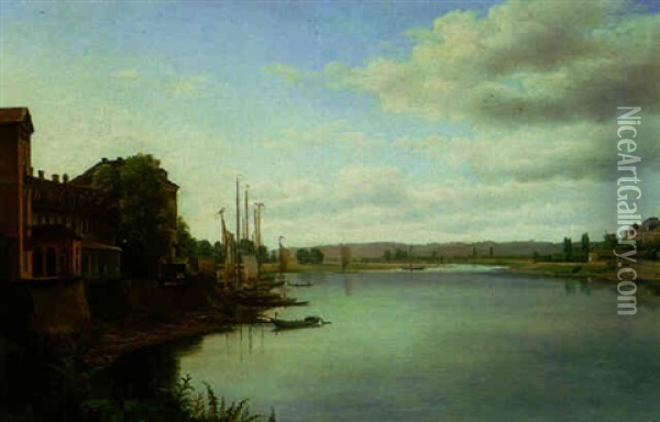 A Riverside Scene Oil Painting - Karl Christian Sparmann