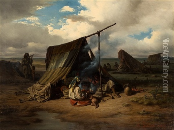 Gypsy Camp In The Pannonian Steppe Oil Painting - Alois Schoenn