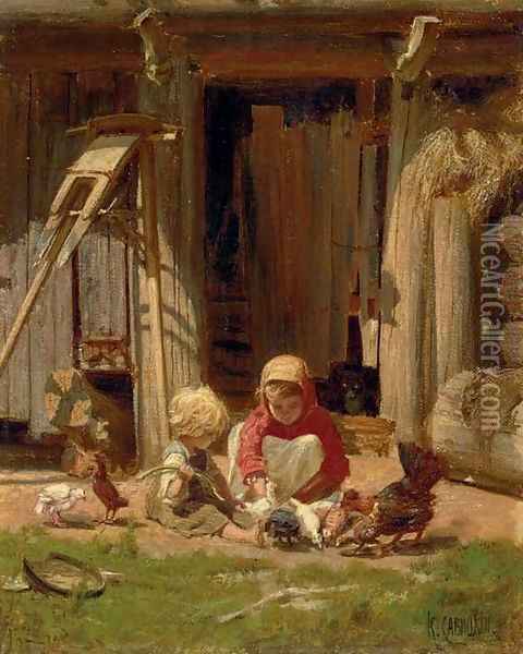 Children with Chickens Oil Painting - Konstantin Apollonovich Savitskii