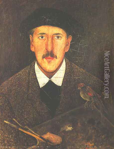 Self-Portrait with a Palette and a Bird Oil Painting - Tadeusz Makowski