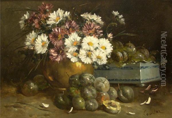 Stillleben Mitasternstraus In Einer Vase Und Reineclauden Oil Painting - Gustave-Emile Couder