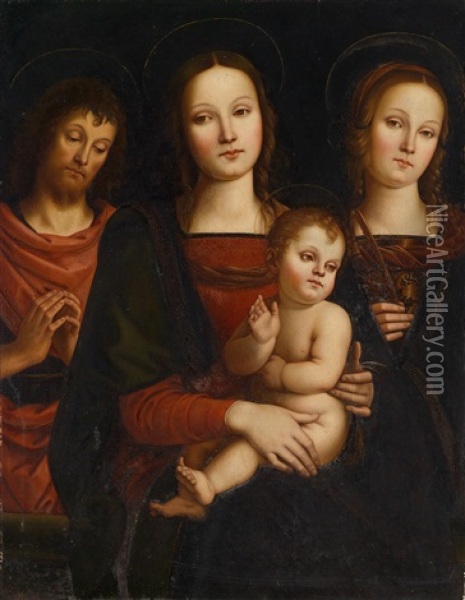 Maria Mit Kind Und Den Heiligen Johannes D. T. Und Katharina Oil Painting - Pietro Perugino