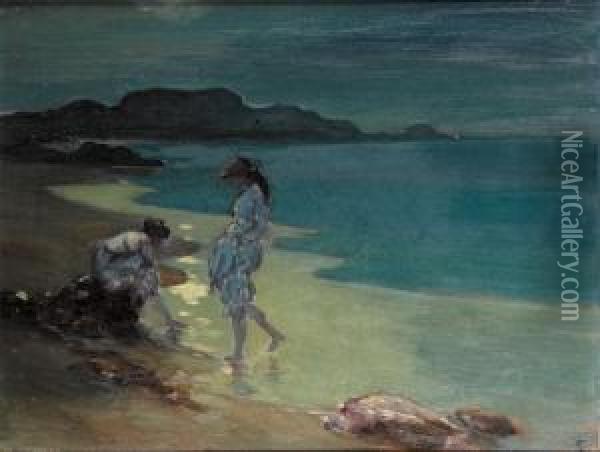 Figures By A Moonlit Sea Oil Painting - George William, A.E. Russell