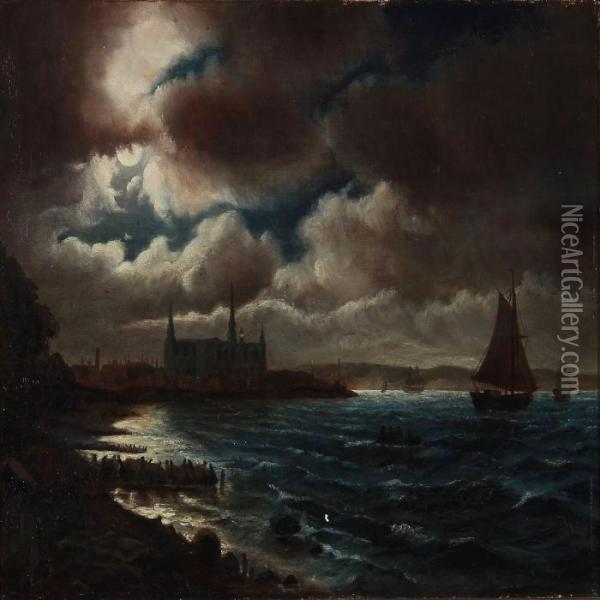 Evening Coastal Scene With A View Towards Kronborg Castle Oil Painting - Carl Ludwig Bille