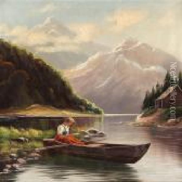 Norwegian Fiord Scene With S Woman In A Boat Oil Painting - Hans Dahl