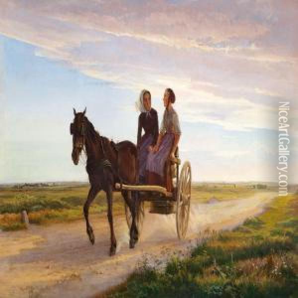 Two Milkmaids In Ahorse-drawn Carriage At Sunset Oil Painting - Edvard Frederik Petersen