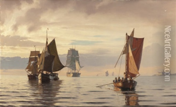 Sailing Ships In Oresund Marine, Opposite Kronborg Castle, Helsingor Oil Painting - Carl Johann Neumann