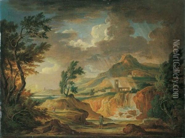 Der Windstoss. Arkadische Flusslandschaft Mit Einem Wasserfall Oil Painting - Adolf Friedrich Harper