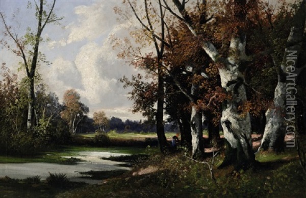 Bauerin Bei Einem Teich Am Waldrand Oil Painting - Adolf Kaufmann