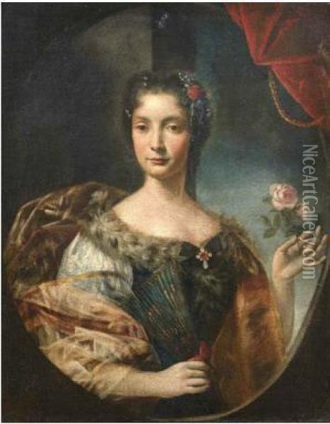 Ritratto Di Gentildonna Con Collo Di Pelliccia, Ventaglio E Rosa In Una Mano Oil Painting - Luigi Crespi